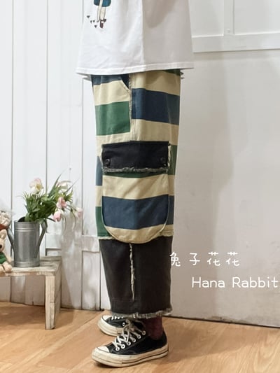 日系鬚邊撞色工裝造型褲(綠) 304192