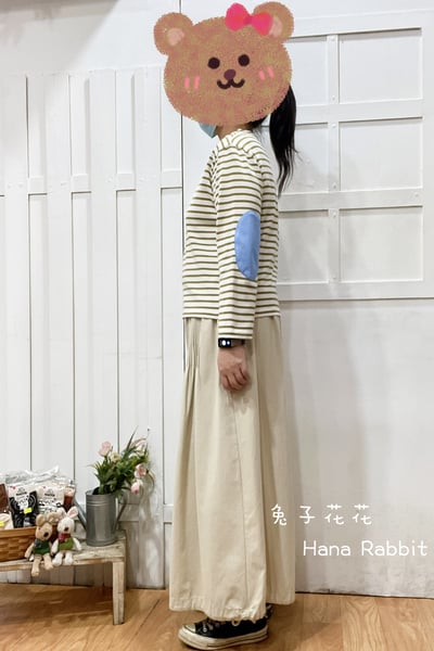 日系一字領條紋補丁棉質上衣(綠條) 133602