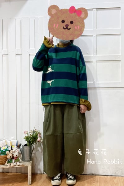 日系小貓咪條紋重磅棉上衣(綠) 210281