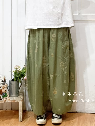日系印花闊腿南瓜造型褲(綠) 135631