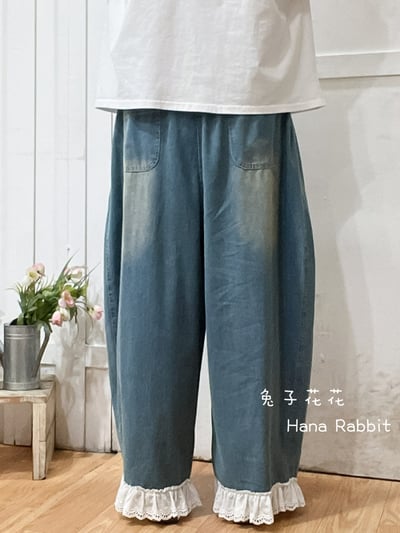 森系蕾絲花邊休閒闊腿造型褲(藍) 204303