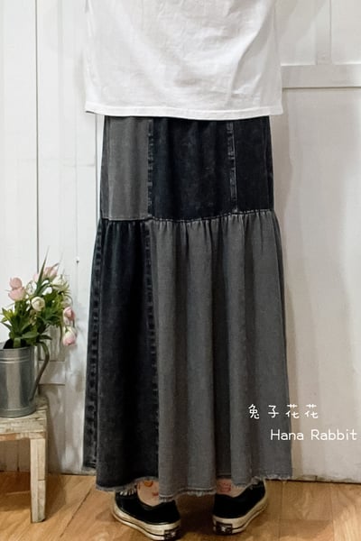 森系復古水洗簡約造型裙(黑灰)) 165753