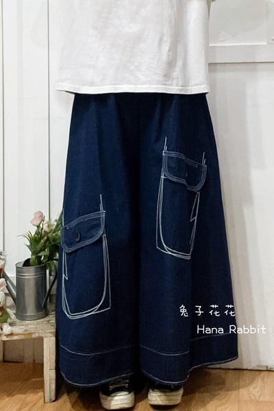 日系個性刺繡口袋闊腿寛褲裙(藍) 188451