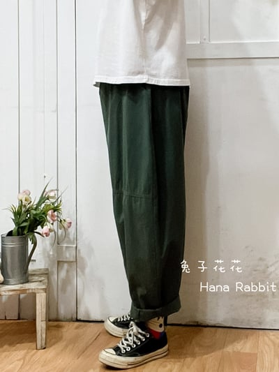 日系小布標棉麻老爺褲(綠) 136532