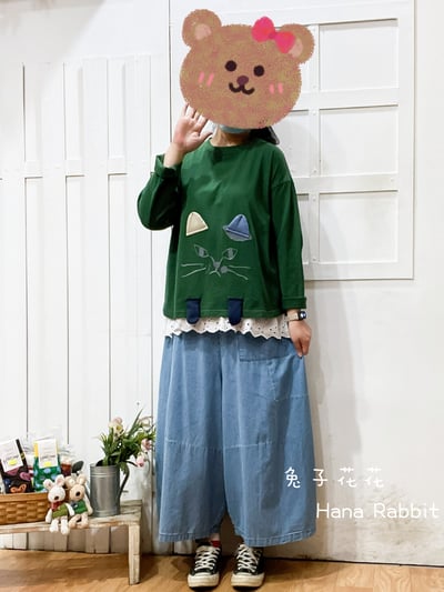 日系可愛感刺繡貓重磅棉上衣(綠) 138041