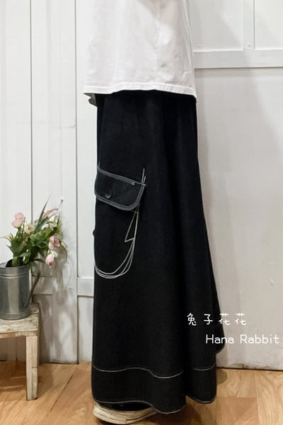 日系個性刺繡口袋闊腿寛褲裙(黑) 188452