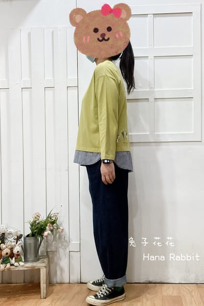 貓咪小口袋拚接格紋棉質上衣(芥黃) 194042