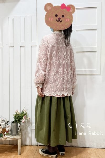 森系花邊緹花疊穿泡袖蕾絲罩衫(杏) 173303