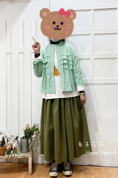 森系條紋拚接荷葉開襟村衫 155141