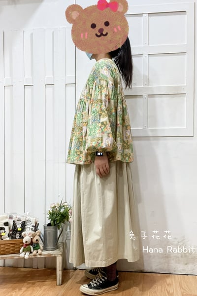 森系碎花圓領泡袖棉麻上衣 130232