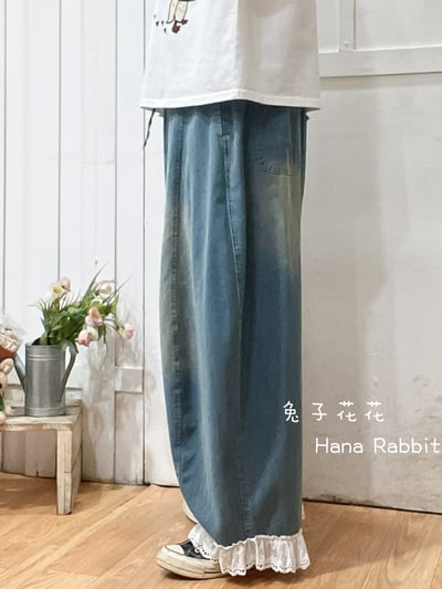森系蕾絲花邊休閒闊腿造型褲(藍) 204302