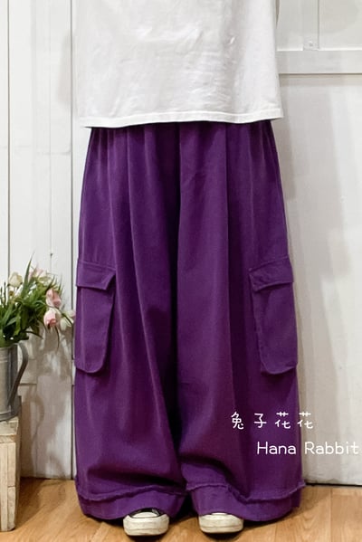 森系可縮腳落地工裝闊腿造型褲 160651