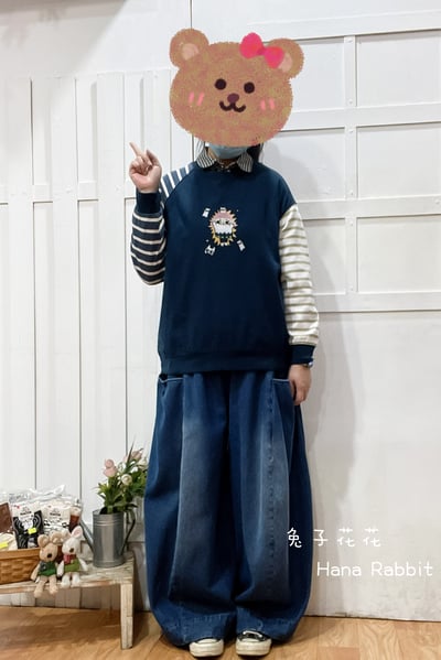 刺繡爆炸小女孩撞色重磅棉上衣(藍) 211021