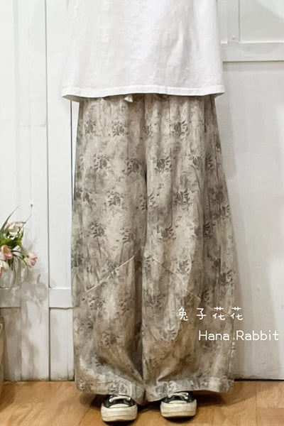 森系復古印花落地哈倫褲 210101