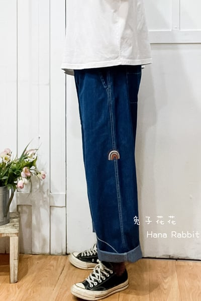 雲朵貼布刺繡羊棉麻直筒褲(丹寧) 139462