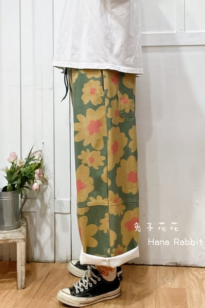 WE家水洗大花朵九分造型褲(綠) 177062