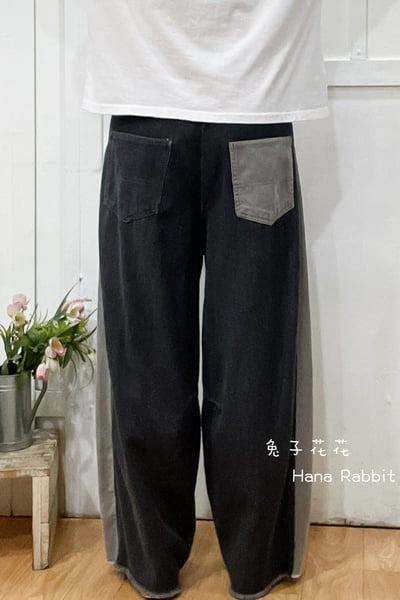 日系異布材質鬚邊拚色造型褲 154733