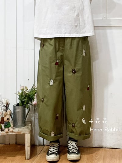 日系刺繡童趣棉麻直筒褲(綠) 135161