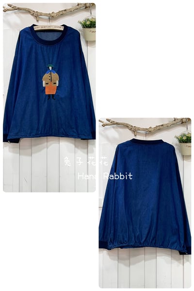 日系薄丹寧可縮腰刺繡上衣 158381