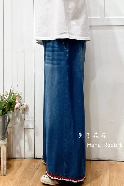 森系刺繡花復古寛鬆闊腿褲 145162