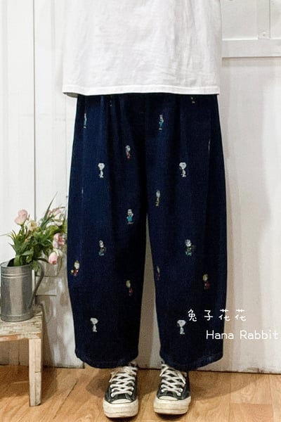 日系刺繡童趣丹寧造型褲(內磨毛) 199751