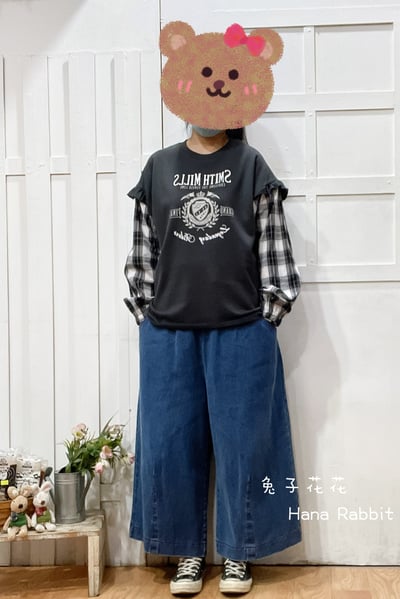 日系字母拚接格紋袖毛圈棉上衣(深灰) 150441