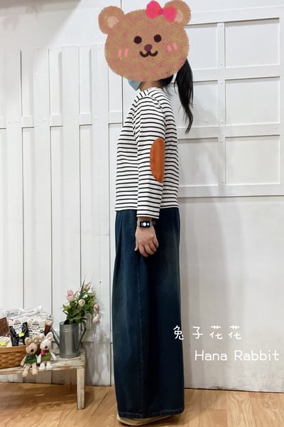 日系一字領條紋補丁棉質上衣(黑條) 133602