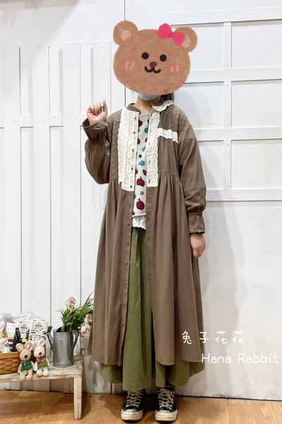 森系原單拚接蕾絲開襟洋裝(咖) 194231