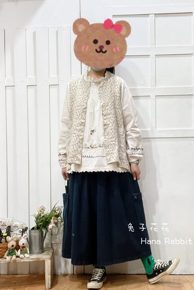 森系印花後拚接蕾絲棉麻背心 180381