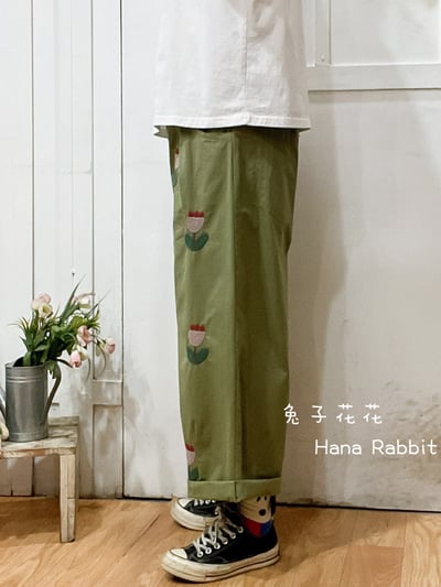 森系刺繡花造型直筒褲 139042