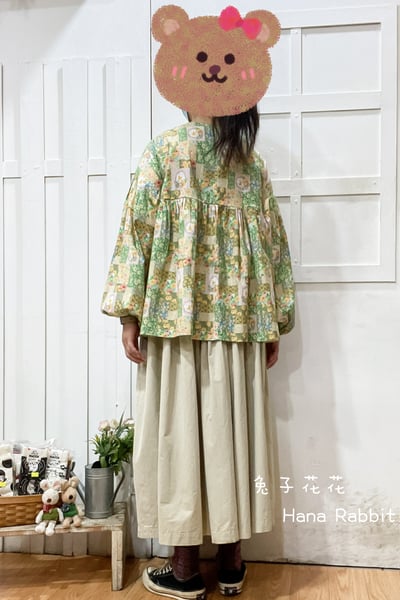 森系碎花圓領泡袖棉麻上衣 130233