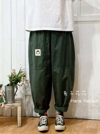 日系小布標棉麻老爺褲(綠) 136531