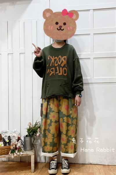 日系破損感字母印花毛圈棉上衣(綠) 210281