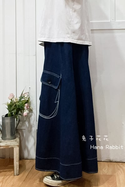 日系個性刺繡口袋闊腿寛褲裙(藍) 188452