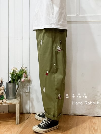 日系刺繡童趣棉麻直筒褲(綠) 135162