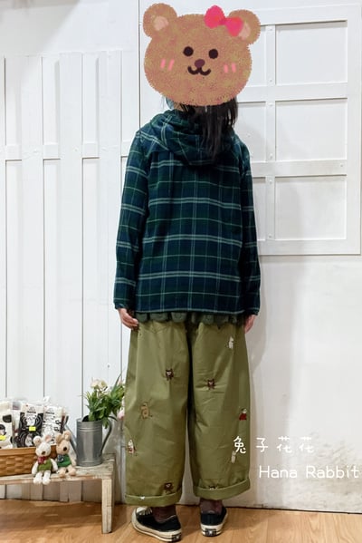 日系不敗款格紋連帽縮腰棉麻上衣(綠) 209303