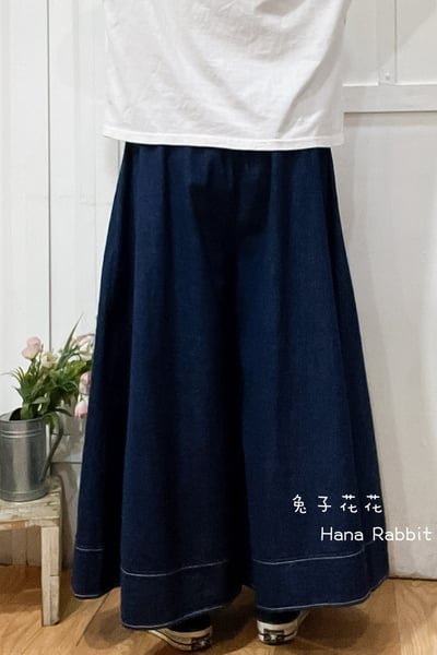 日系個性刺繡口袋闊腿寛褲裙(藍) 188453