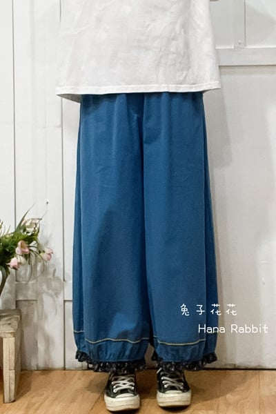 森系拚接木耳花邊燈籠褲(藍) 174521