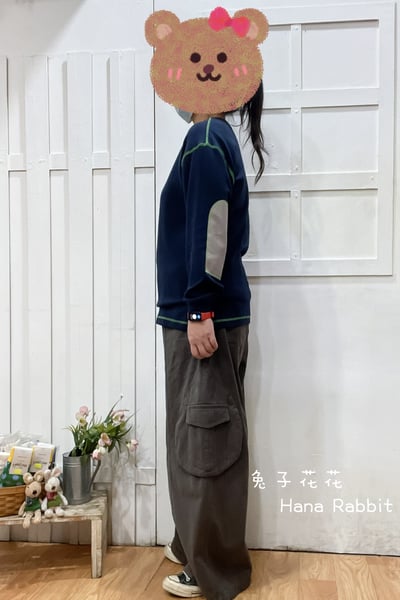 明線袖補丁彈力棉上衣(藍) 145732