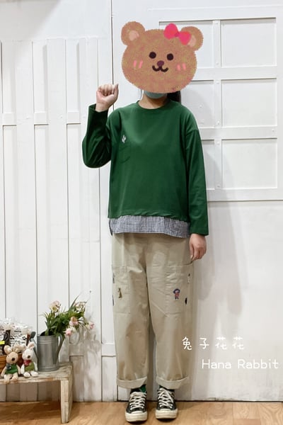 貓咪小口袋拚接格紋棉質上衣(綠) 194041