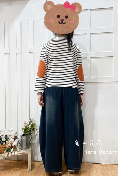 日系一字領條紋補丁棉質上衣(黑條) 133603