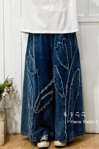 日系丹寧抽鬚闊腿寛褲裙 163601