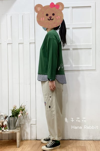 貓咪小口袋拚接格紋棉質上衣(綠) 194042