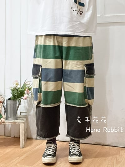 日系鬚邊撞色工裝造型褲(綠) 304191