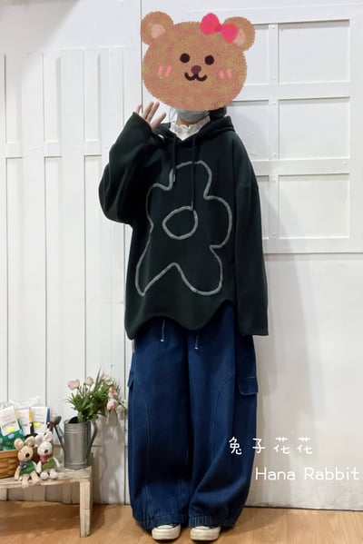 日系大花朵連帽波浪德絨上衣(黑) 211181