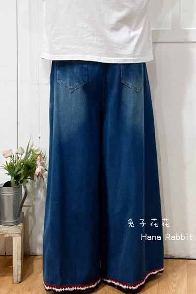 森系刺繡花復古寛鬆闊腿褲 145163