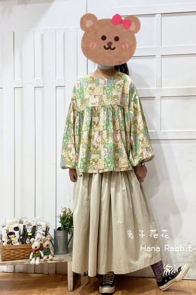 森系碎花圓領泡袖棉麻上衣 130231