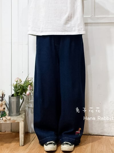 日系丹寧彩虹馬落地造型褲 309291