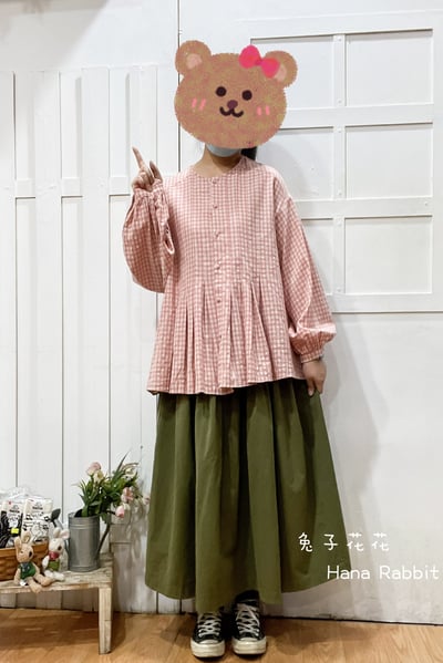 森系格紋壓摺開襟衫(粉) 136941