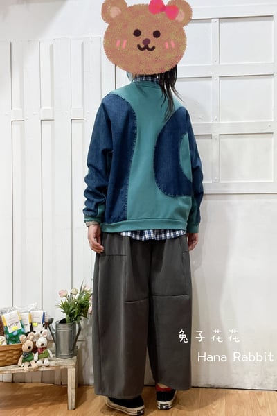 日系異布材質撞色上衣(藍) 211283